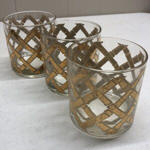Culver MCM Vintage Gold Bamboo Double Old Fashioned Glasses Signed Set of 3